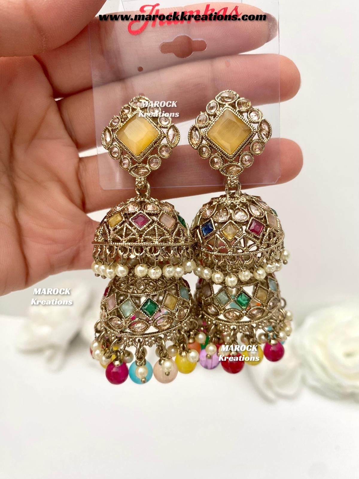 Rehana Antique Gold Polki double jhumki Statement Earrings