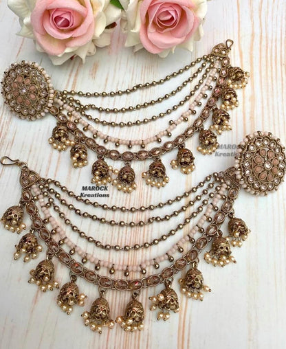 Antique Gold Polki studs/earrings comes with removable Saharey/Ear chains