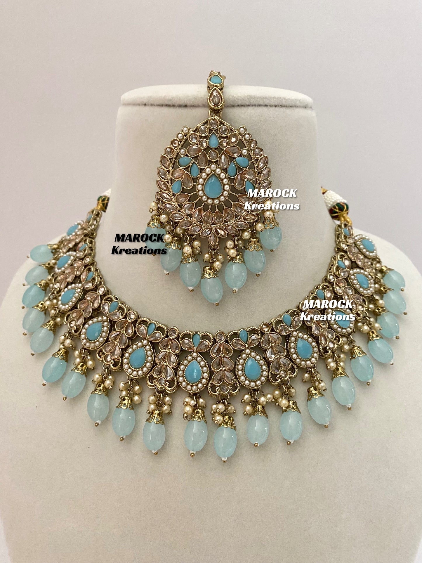 Antique Gold/Sky Blue Polki Necklace set