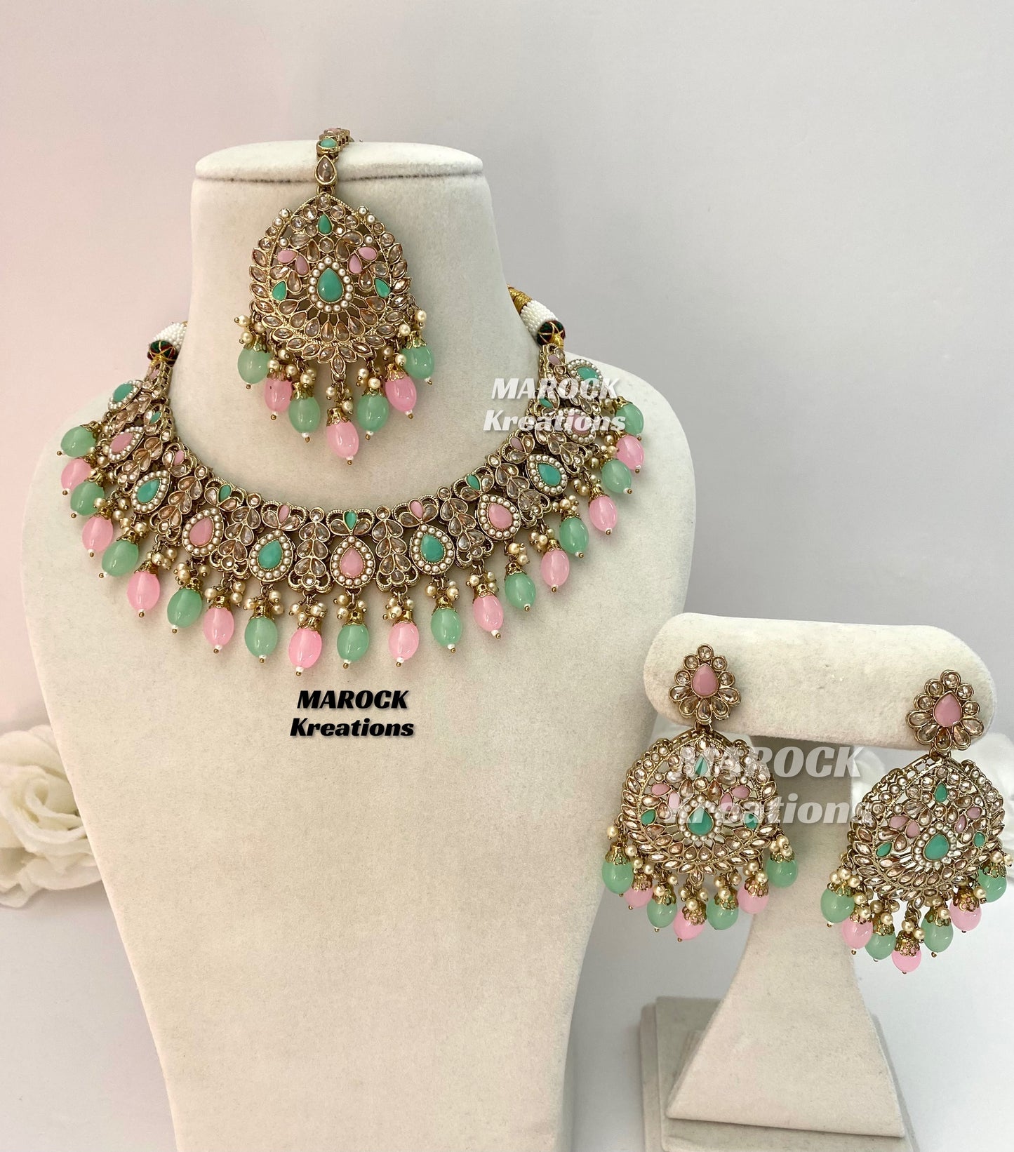 Antique Gold/Pink and Mint Polki Necklace set