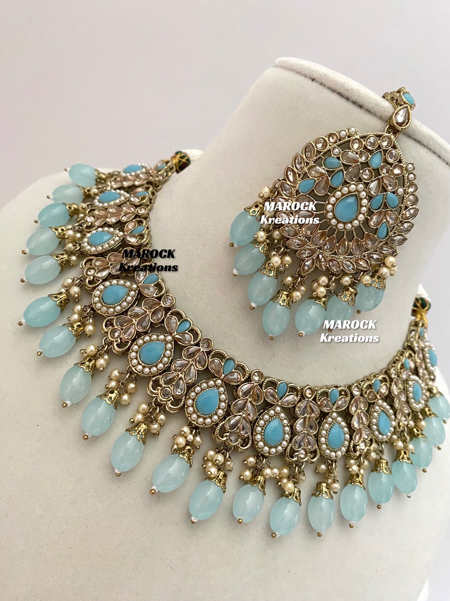 Antique Gold/Sky Blue Polki Necklace set