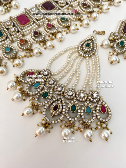 Zainab Antique Gold base with white stones Pakistani Choker set