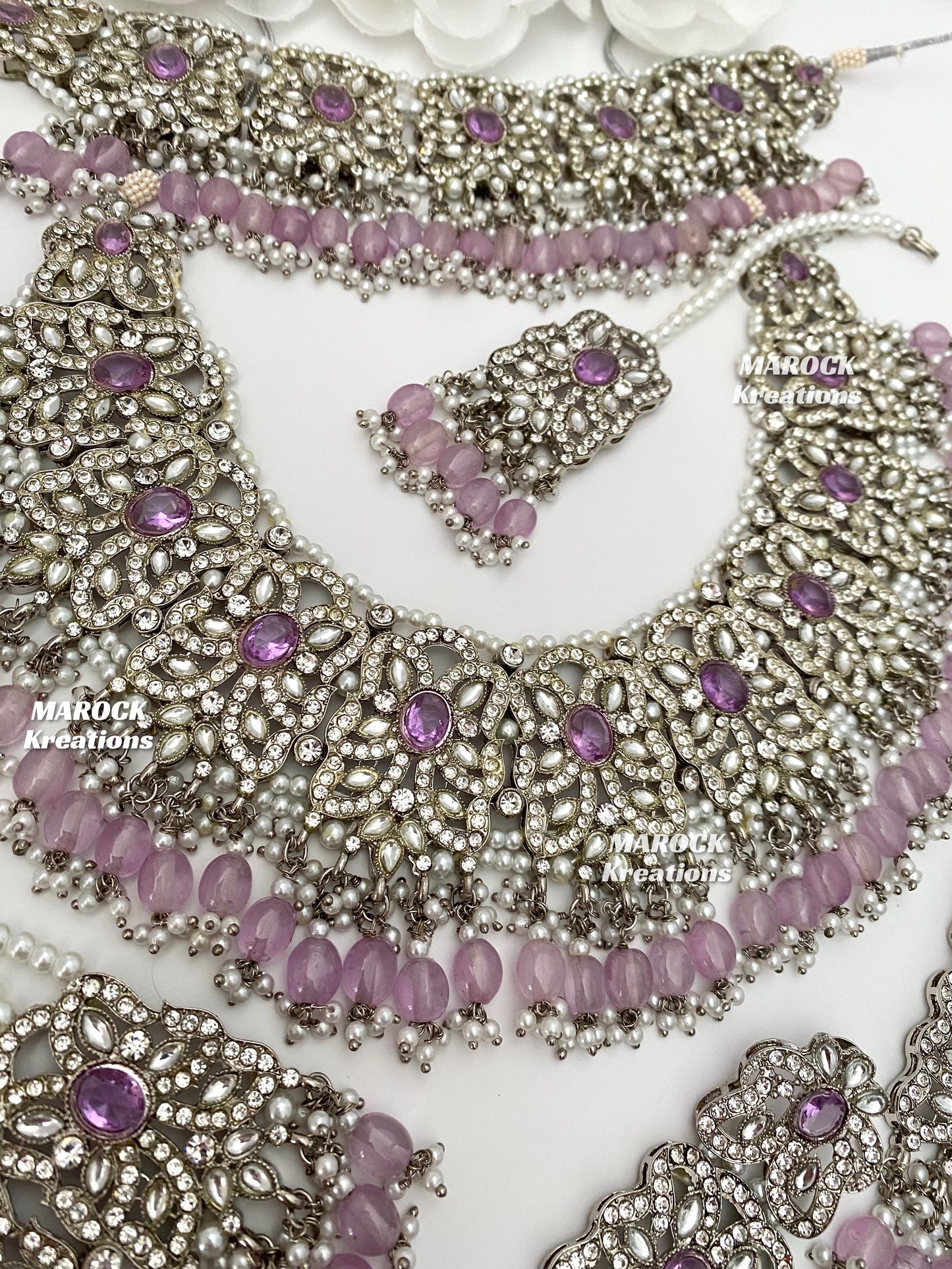 Silver/Lavender Pakistani choker and necklace combo set/Pakistani Bridal set