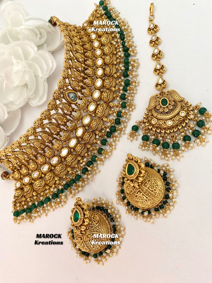 Elegant Gold Plated premium quality Kundan Green Statement Necklace set/Bridal set