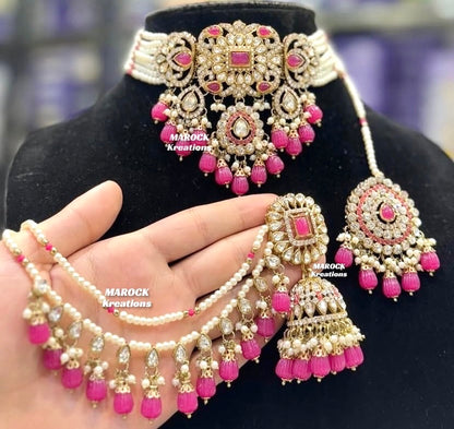 Hana Kundan Choker set with Jhumki Earrings and tikka(Saharey attached)