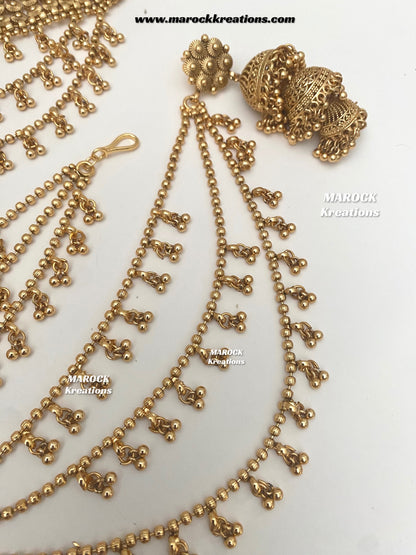Tahmina Premium Quality Gold Plated statement choker set/triple layer Earchains/ Saharey attached with Earrings