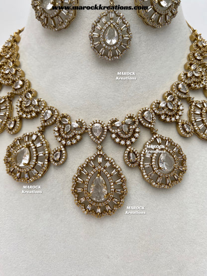 Tareena Antique Gold American Diamond Statement Necklace set