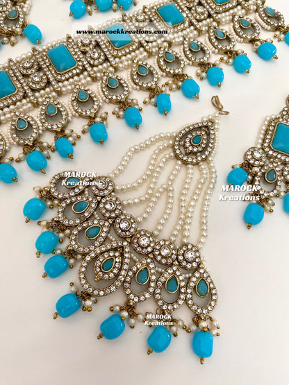 Zainab Antique Gold base with white stones Pakistani Choker set