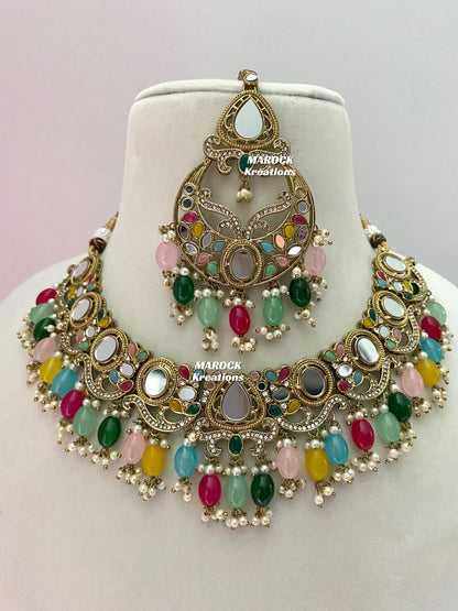 Antique Gold Mirror Multi color Necklace set