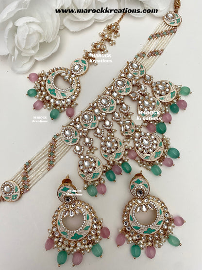 Nirvi Premium Quality Rose Gold Kundan Meenakari Choker/Necklace set