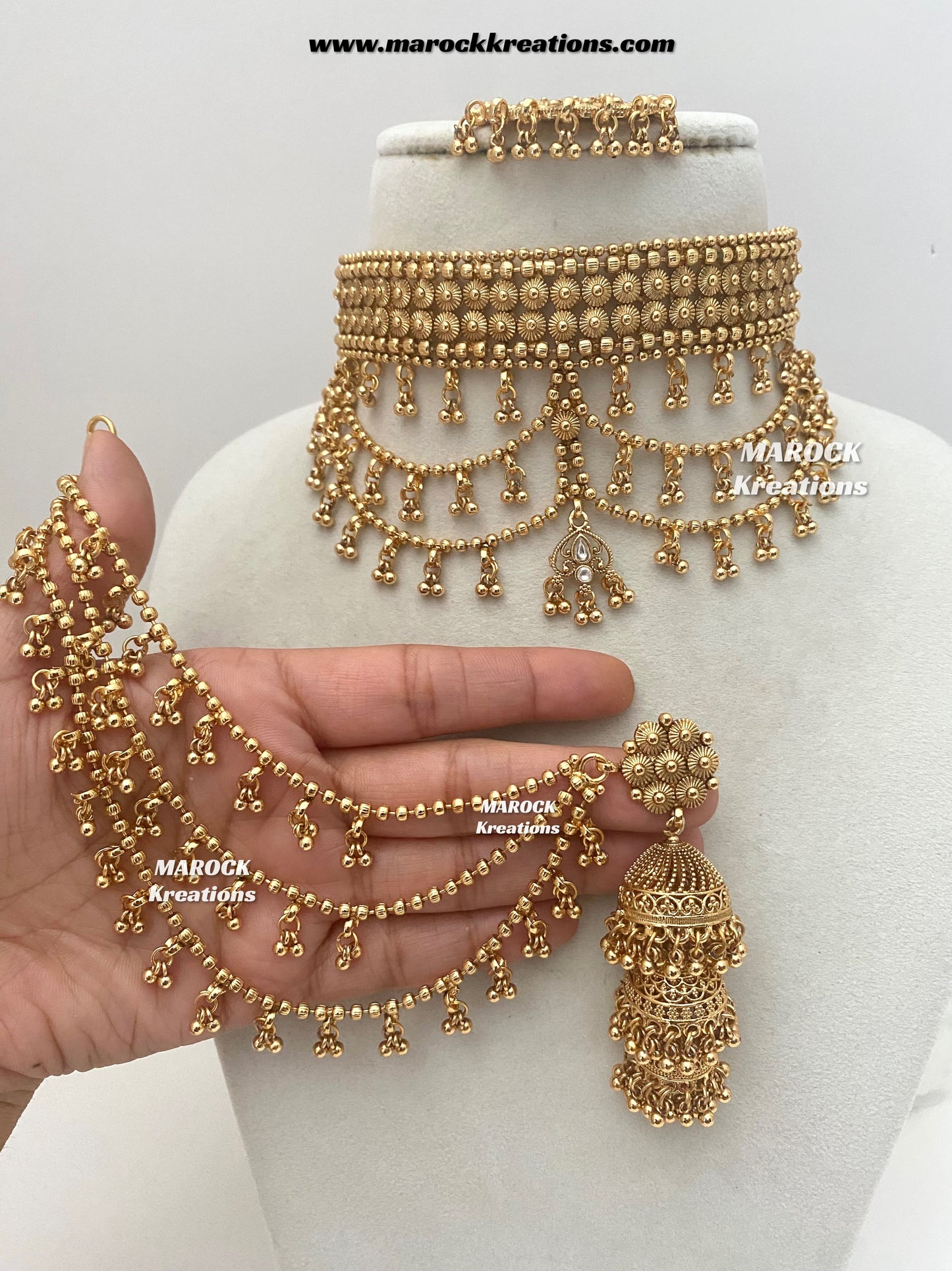Tahmina Premium Quality Gold Plated statement choker set/triple layer Earchains/ Saharey attached with Earrings