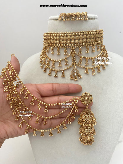 Tahmina Premium Quality Gold Plated statement choker set/triple layer Earchains/ Saharey attached with Earrings