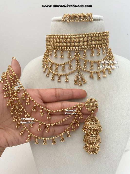 Tahmina Premium Quality Gold Plated statement choker set/triple layer Earchains/ Saharey attached with Earrings