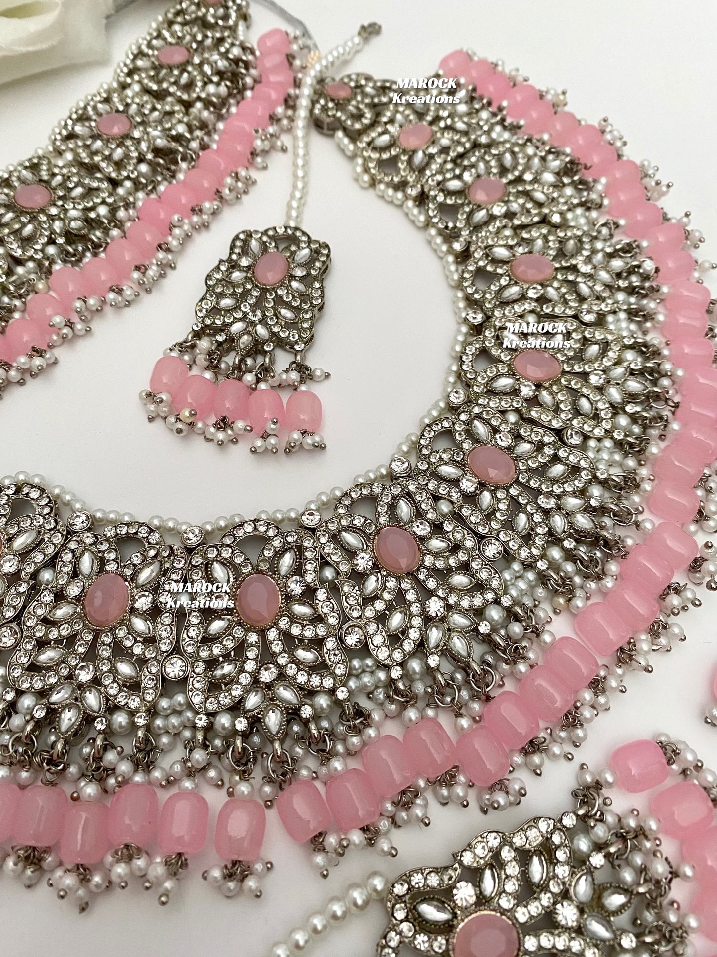 Silver/Pink Pakistani choker and necklace combo set/Pakistani Bridal set