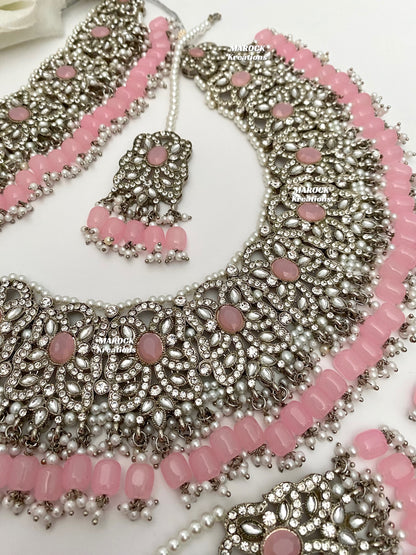 Silver/Pink Pakistani choker and necklace combo set/Pakistani Bridal set