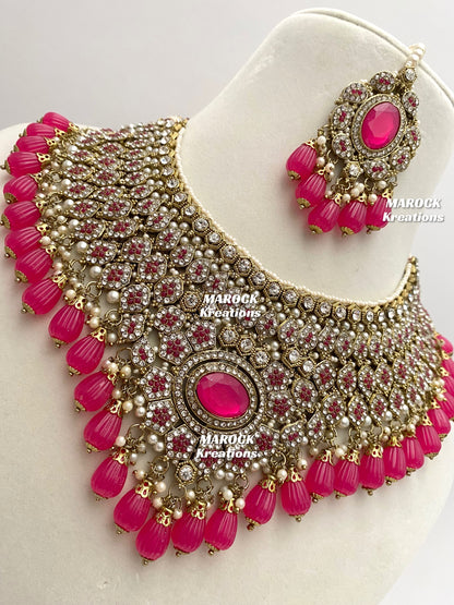 Antique Gold Pakistani Magenta Necklace set