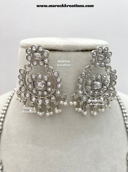 Meghan Premium Quality Polki triple layer silver statement Rani haar set
