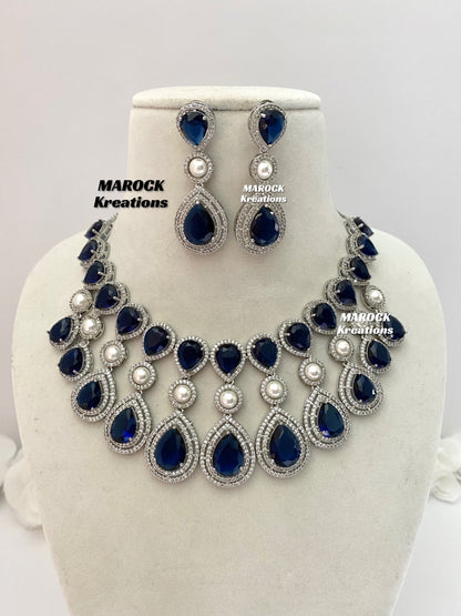 American Diamond Silver/Navy Blue Necklace set