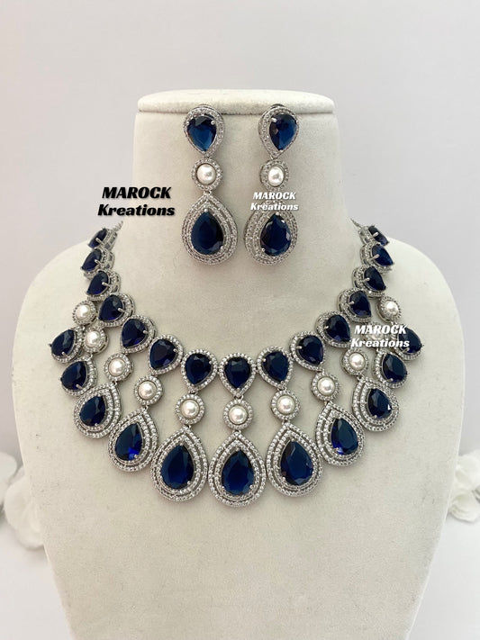 American Diamond Silver/Navy Blue Necklace set