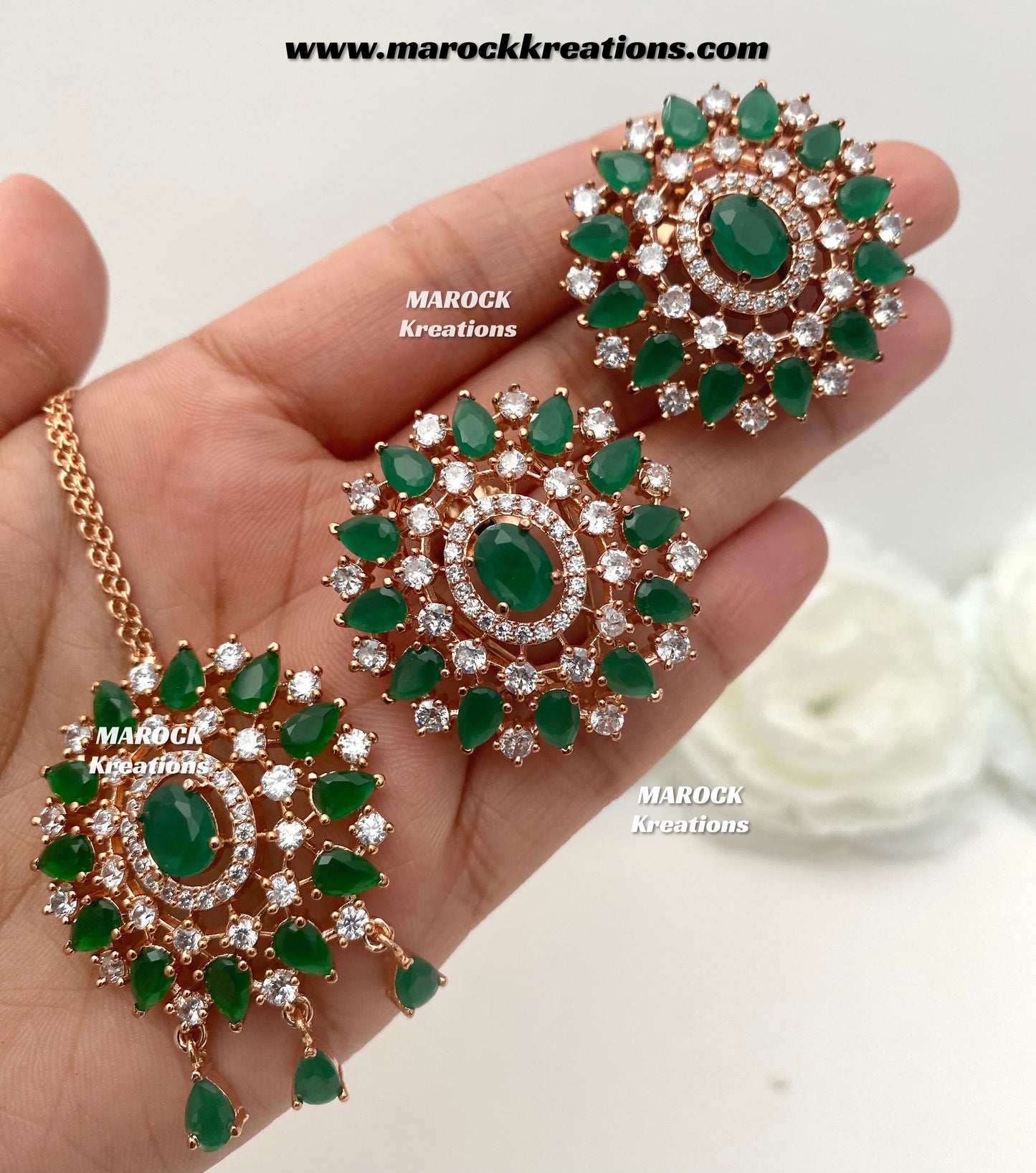 Rose Gold American Diamond studs earrings and tikka set