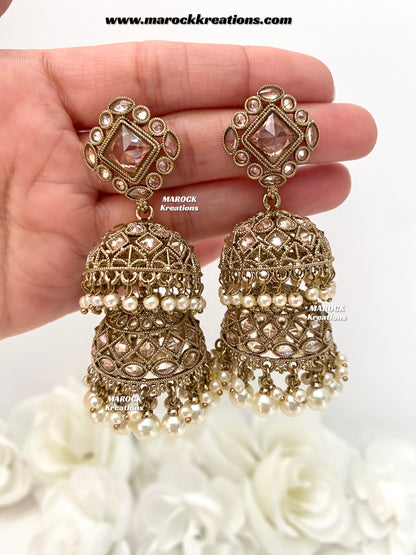 Rehana Antique Gold Polki double jhumki Statement Earrings