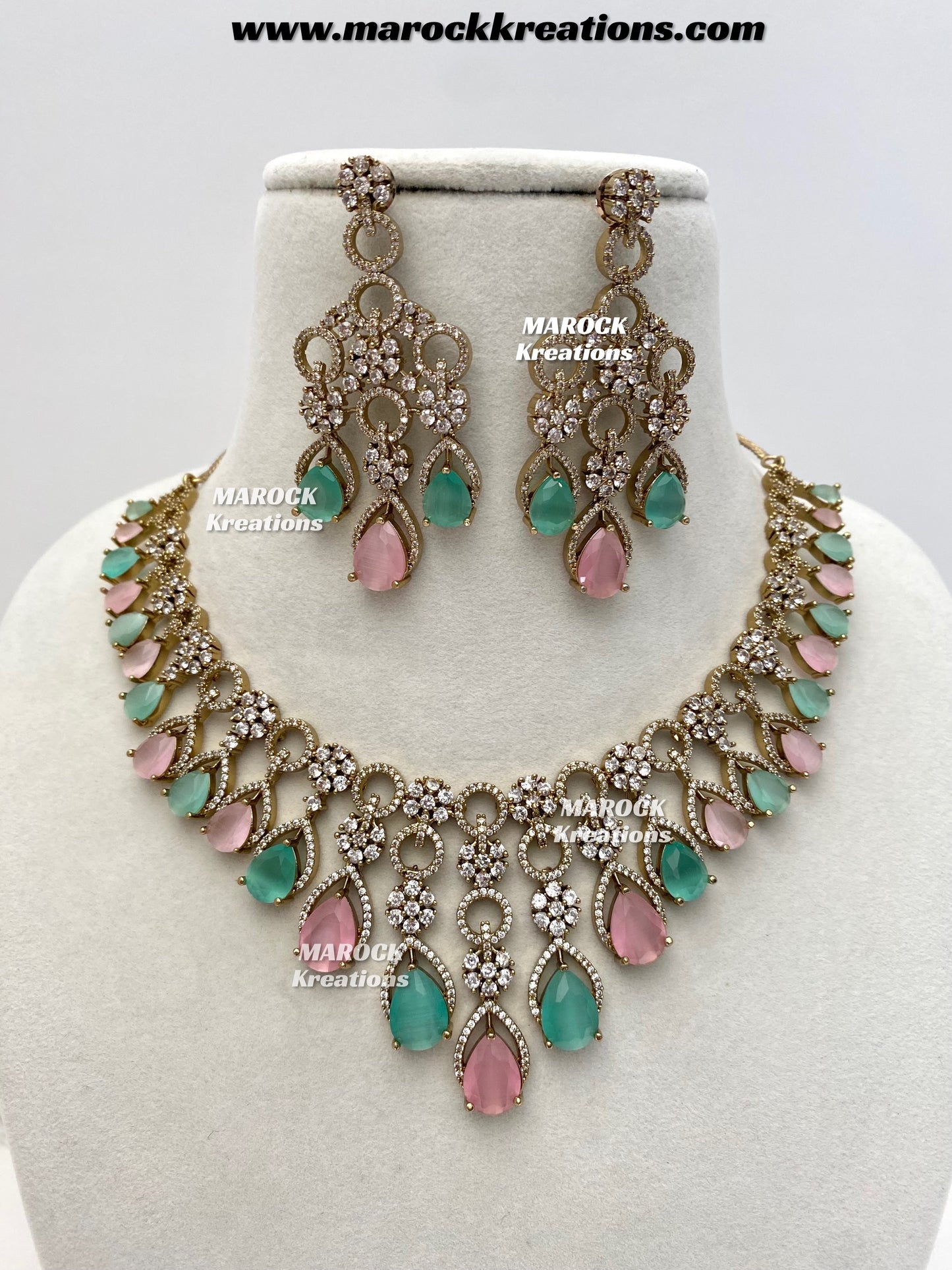 Anshika Antique Gold American Diamond Statement Necklace set