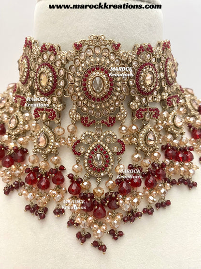 Nazmun Antique Gold Pakistani Polki  choker/necklace set with Passa