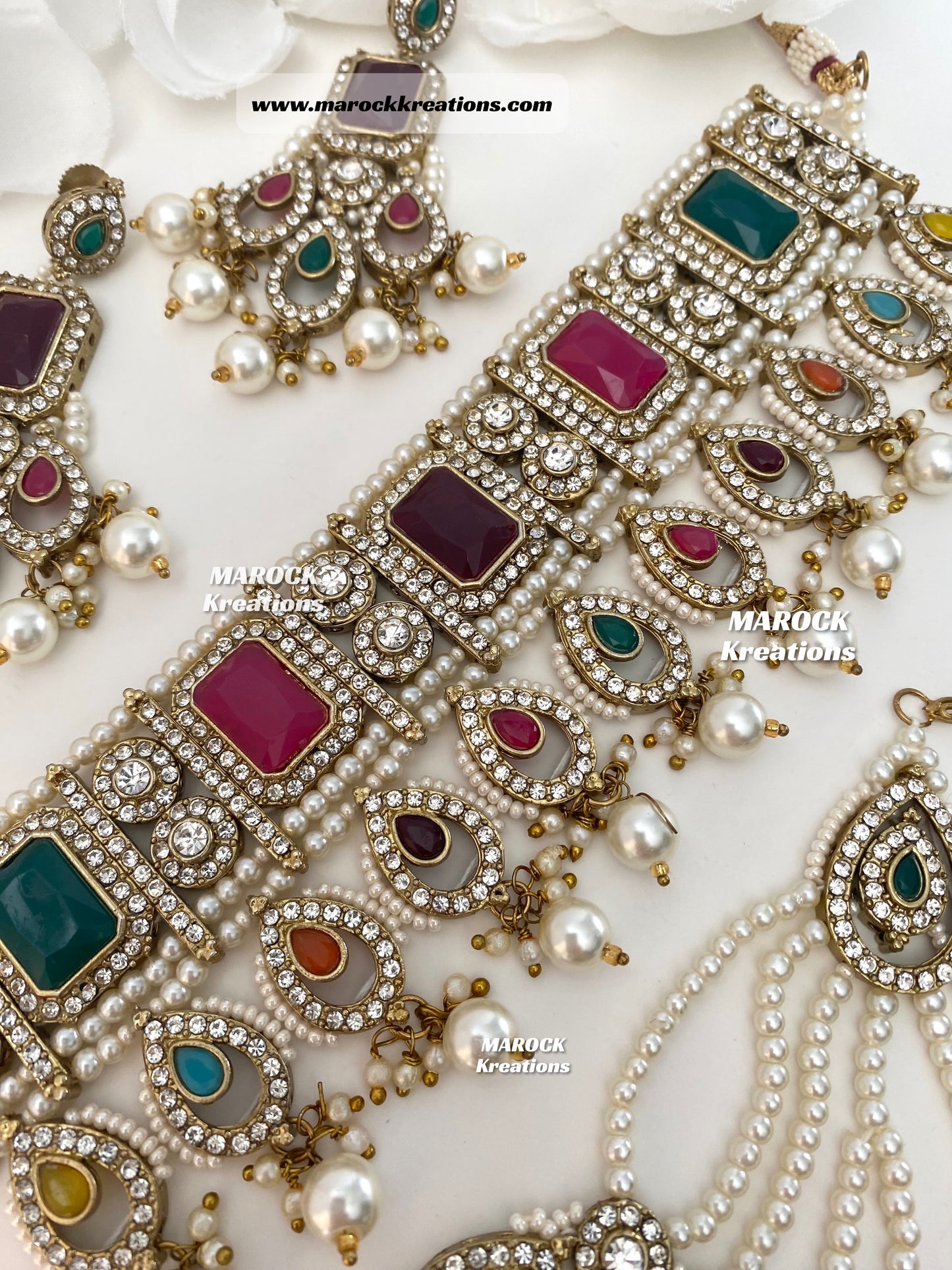 Zainab Antique Gold base with white stones Pakistani Choker set