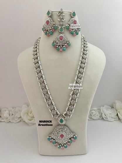 Polki Raani Haar in pink teal color/Long necklace