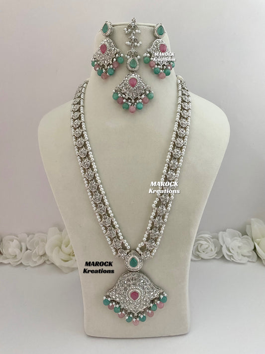 Polki Raani Haar in pink teal color/Long necklace