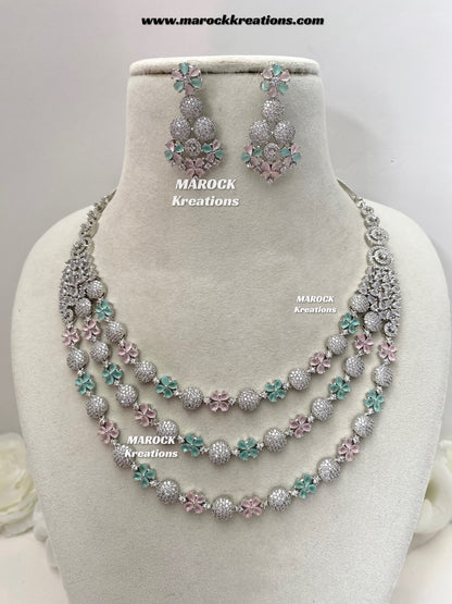 Kristin Silver American Diamond triple layer Necklace set