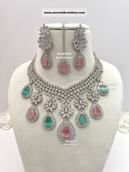 Silver American Diamond Statement Necklace set