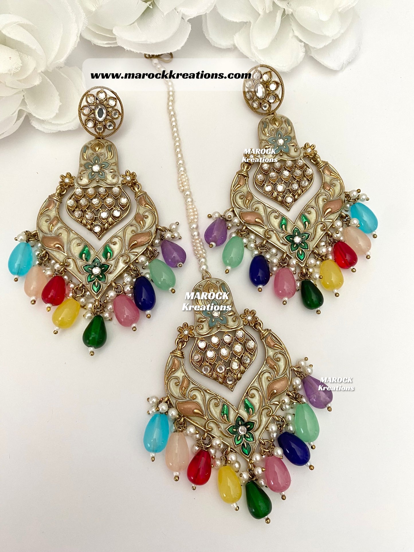 Premium Quality Kundan Meenakari Earrings and tikka set