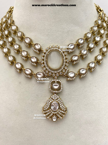 Salina Premium Quality Moissanite Kundan triple layer Necklace set
