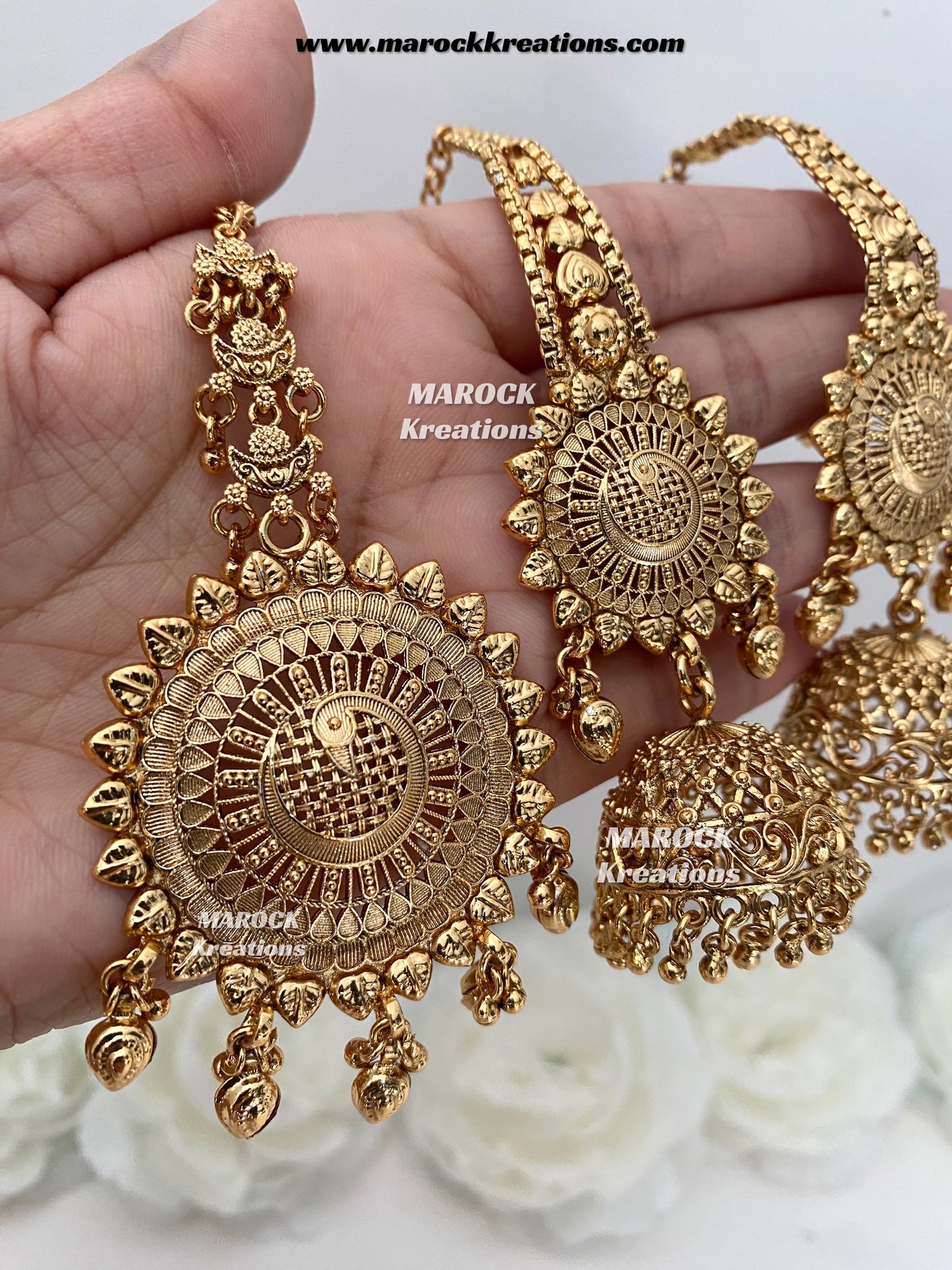 Premium Quality Gold plated Jhumki Earrings(Saharey attached) and tikka set