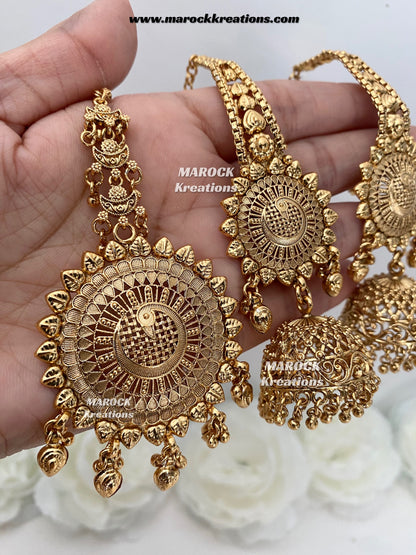 Premium Quality Gold plated Jhumki Earrings(Saharey attached) and tikka set