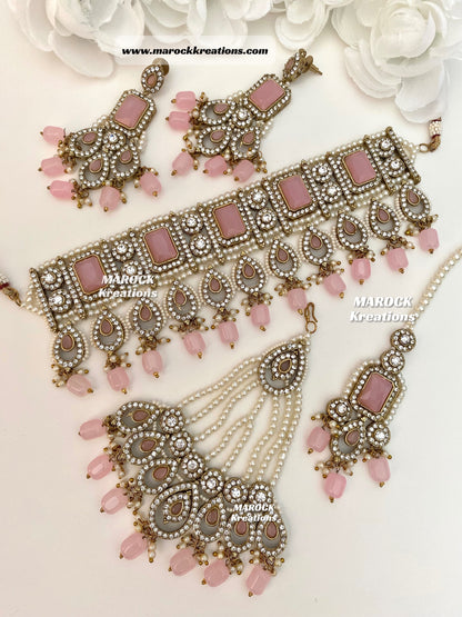 Zainab Antique Gold base with white stones Pakistani Choker set