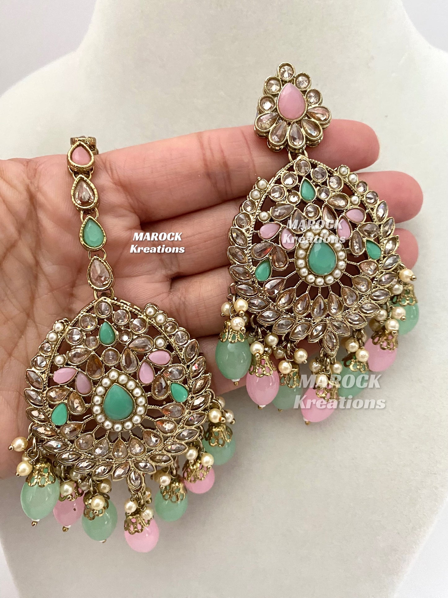 Antique Gold/Pink and Mint Polki Necklace set