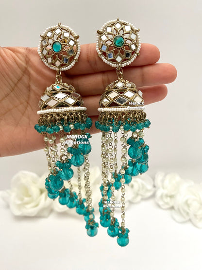 Antique Gold Mirror Statement Jhumki long Earrings