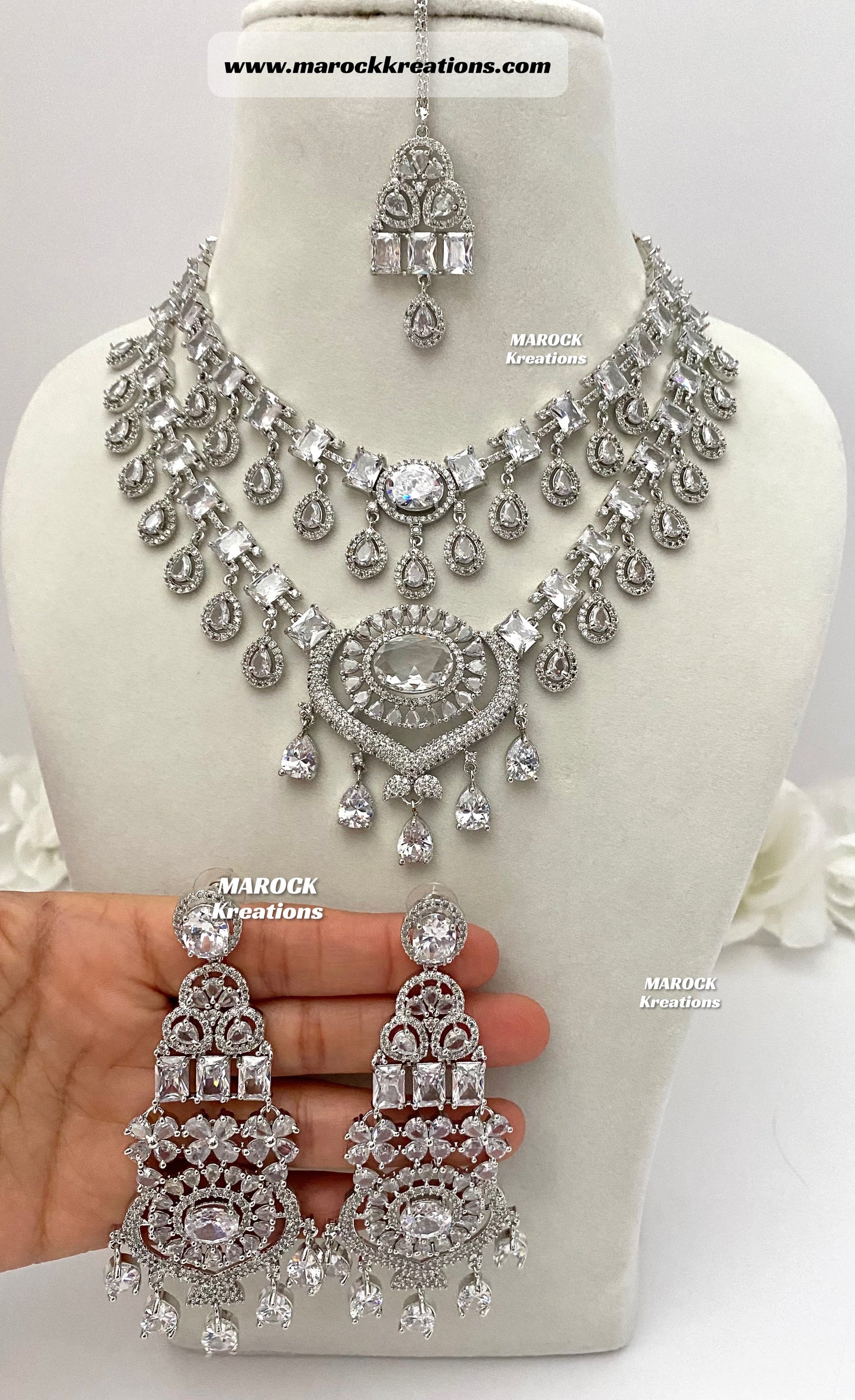 Emma Silver American Diamond Double layer Statement Necklace set