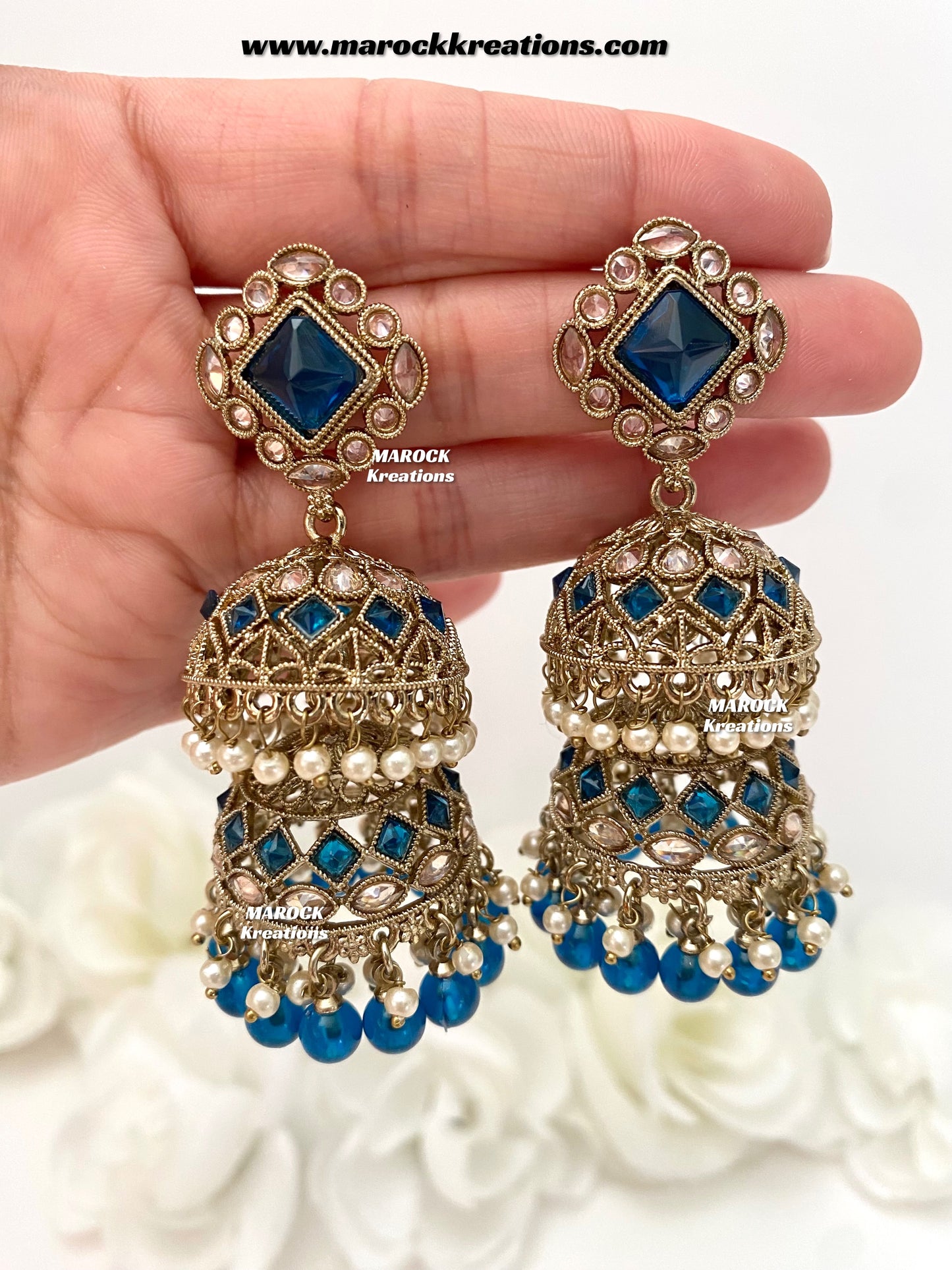 Rehana Antique Gold Polki double jhumki Statement Earrings