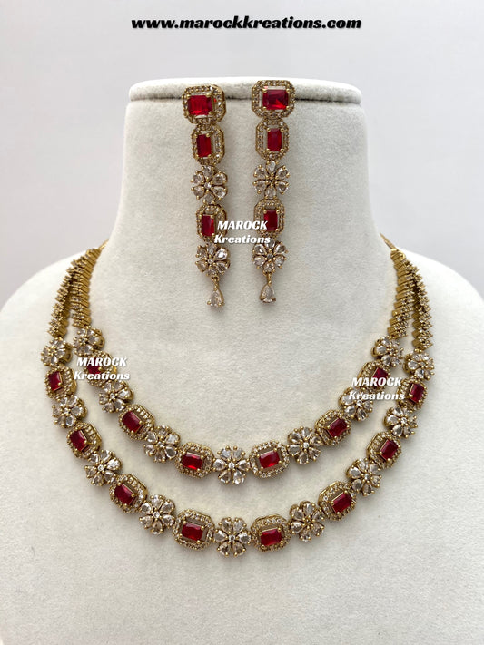 Sineka Antique Gold American Diamond double layer Statement Necklace set