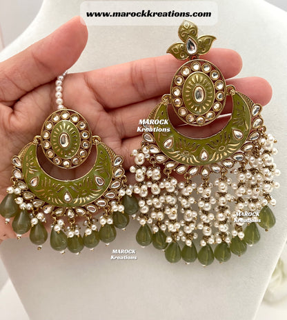 Ishika Premium Quality Kundan Meenakari Oversized Statement Earrings and tikka set