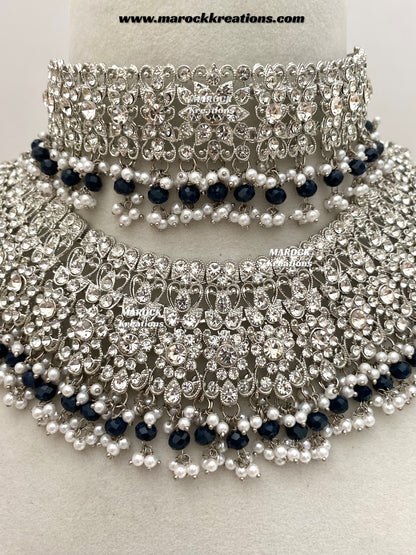 Sarwat Premium Quality Pakistani Silver Navy Blue Bridal set/bridal jewelry