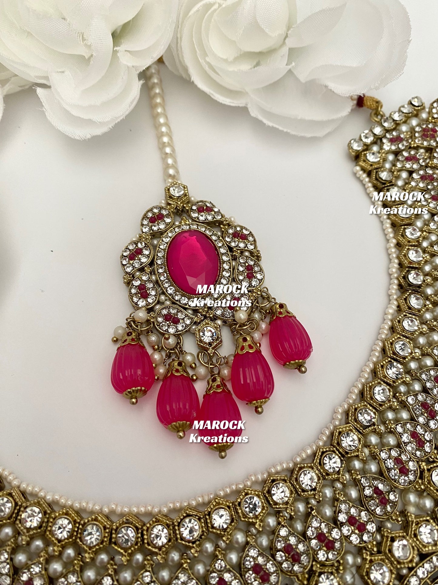 Antique Gold Pakistani Magenta Necklace set