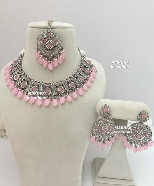 Silver/Pink Polki Necklace set