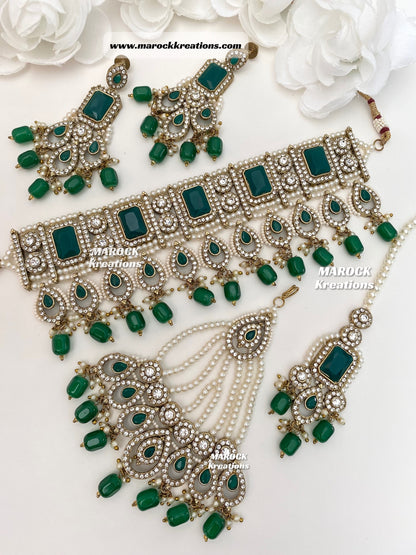 Zainab Antique Gold base with white stones Pakistani Choker set