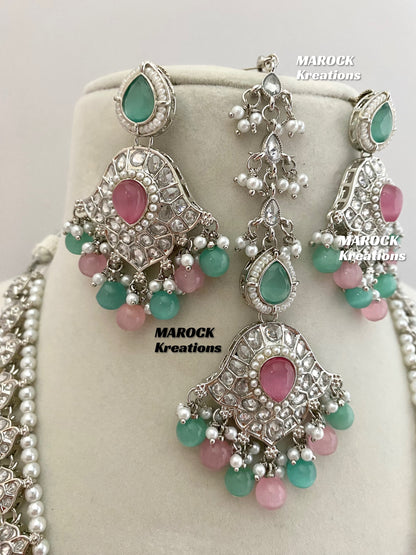 Polki Raani Haar in pink teal color/Long necklace