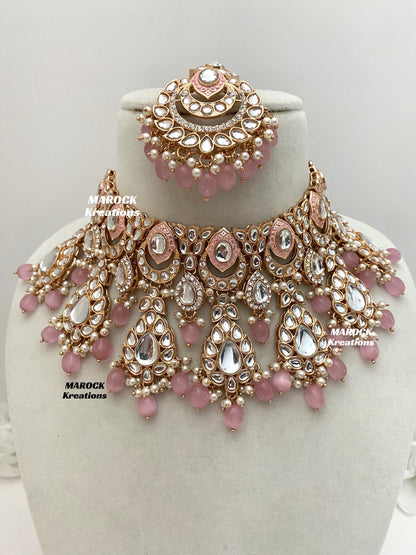 Kaniz Premium Quality Rose Gold Kundan Meenakari Choker/Necklace set