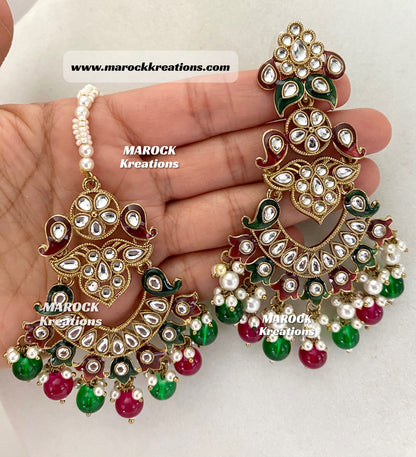 Premium Quality Kundan Meenakari Statement Earrings and tikka set